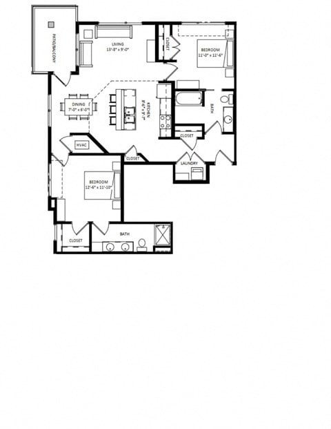 Floor plan for 2 beds, 2 baths, 1117 sqft